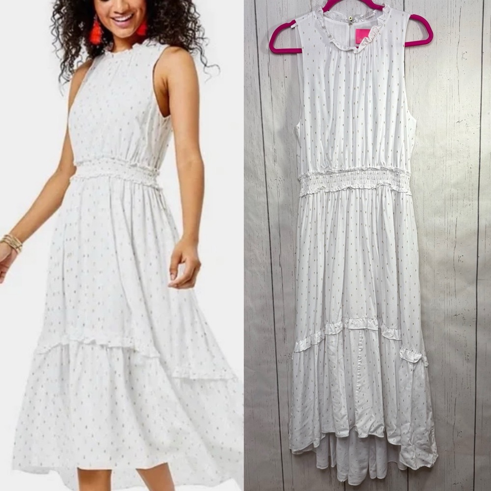 Lilly Pulitzer White Gold Clip Dot Tiered Midi Dress XL Coastal Beach Wedding